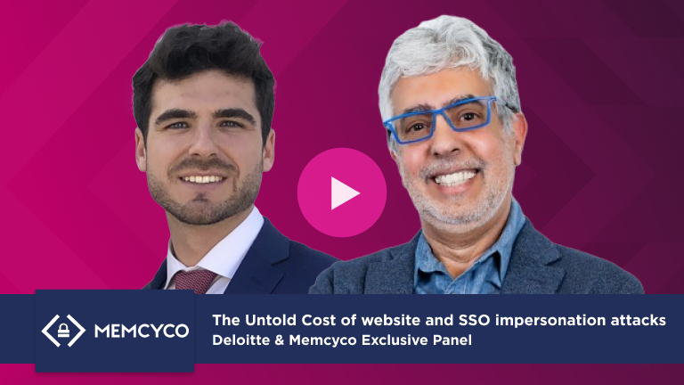 Two men in business attire are featured on a promotional graphic for a Deloitte and Memcyco panel about cybersecurity threats like website and SSO impersonation attacks. A play button is centered between them.