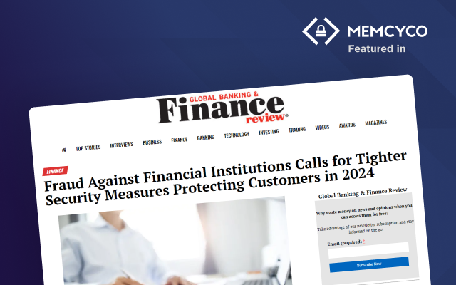 Screenshot of a Global Banking & Finance Review article titled "Fraud Against Financial Institutions Calls for Tighter Security Measures Protecting Customers in 2024," with a Memcyco logo above, highlighting the need for tighter security measures.
