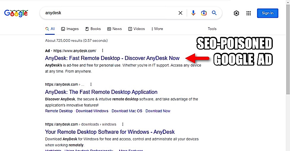 SEO Poisoned Google Ad