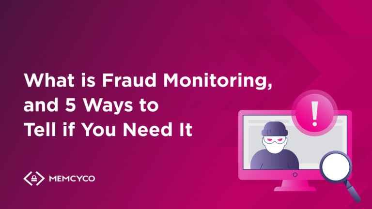 A graphic with the text "What is Fraud Monitoring, and 5 Ways to Tell if You Need It," showing a masked figure on a computer screen with an exclamation mark and a magnifying glass to highlight the importance of fraud monitoring.