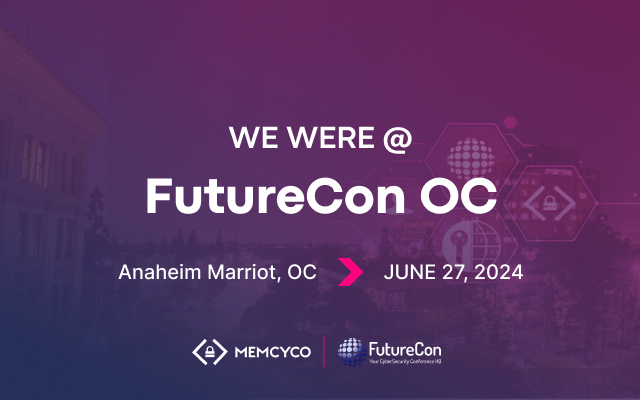 Banner announcing Memcyco’s participation at FutureCon OC 2024 at Anaheim Marriott on June 27, featuring event logos and a gradient background.