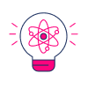 A light bulb with a pink atom symbol inside, representing the concept of science or innovation—perfect for a Survey Landing Page that inspires creative research and discovery.