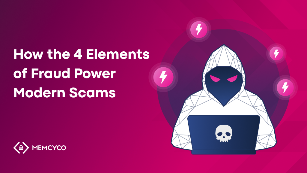 A hooded figure with a laptop displaying a skull icon is surrounded by lightning symbols, next to the text "How the 4 Elements of Fraud Power Modern Scams.