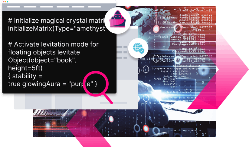 A digital collage shows code snippets, data symbols, and a magnifying glass highlighting pseudo-code about levitation alongside hints of SEO security in a futuristic, tech-themed design.